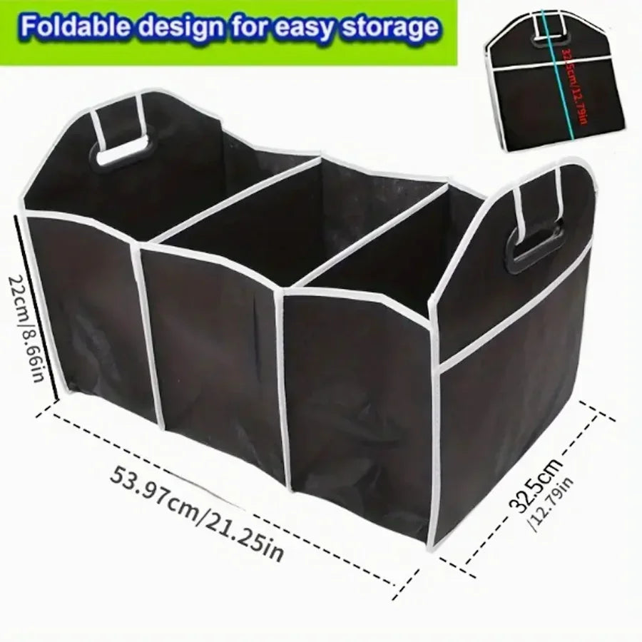 Sac organisateur noir pliable avec compartiments pour un rangement facile dans le coffre d'une voiture.