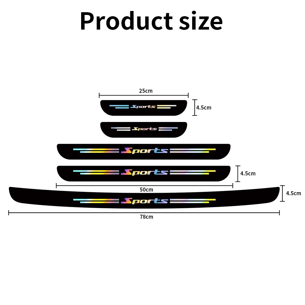 Diagram showing the size dimensions of car door sill protector vinyl decals, ranging from 25cm to 78cm.