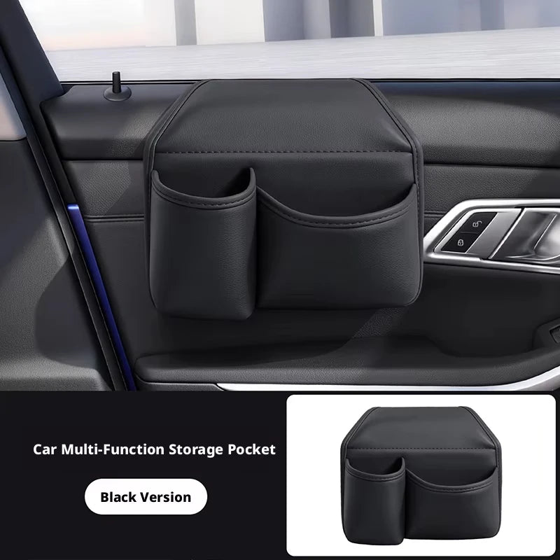 Black version of a car multi-function storage pocket organizer with cup holder and phone mount installed in a car door panel.