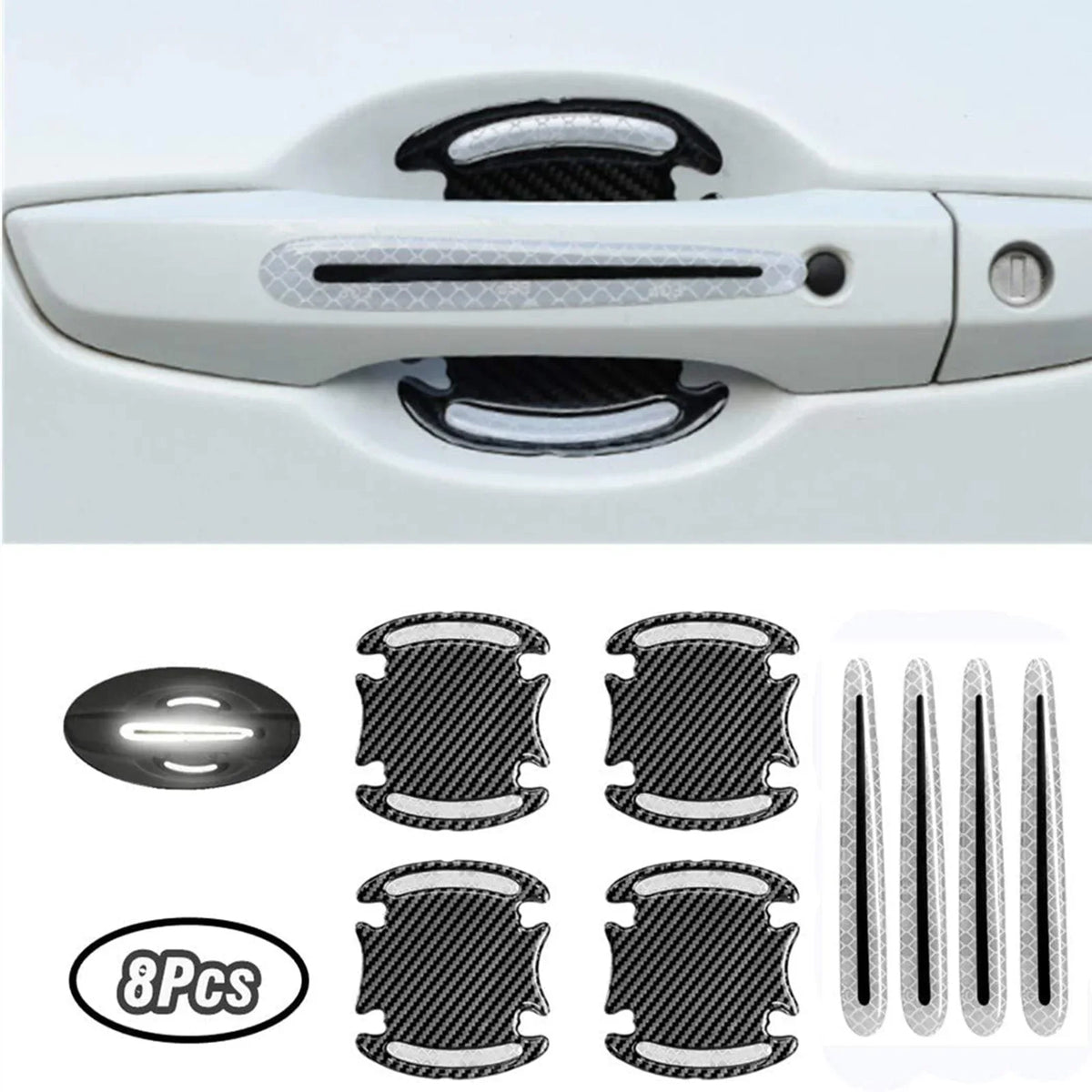 Set of eight reflective protection stickers for car door handles