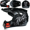 A black motorcycle helmet with white and red splatter graphics and a clear visor shown from the side and top views.