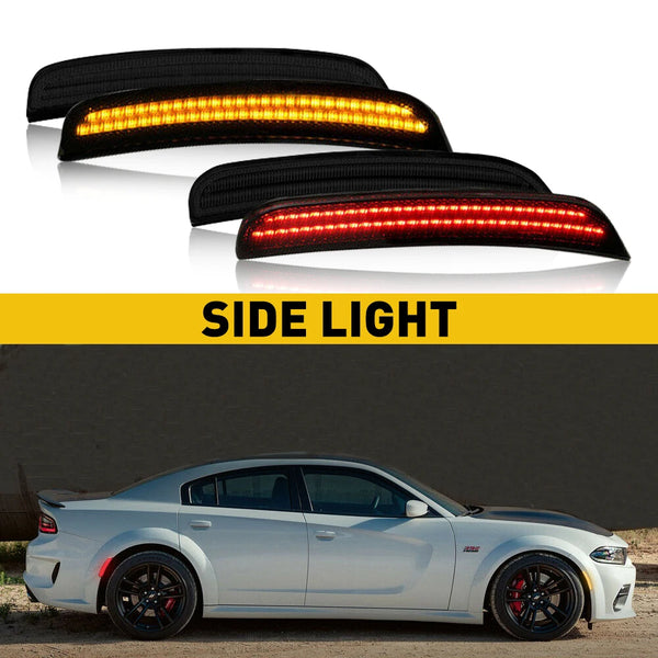 Three smoked LED side marker lights displayed against a dark background and a silver Dodge Charger.