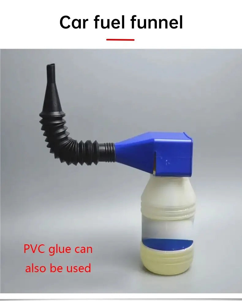 A black and blue car fuel funnel tool made of PVC glue is shown against a light gray background.