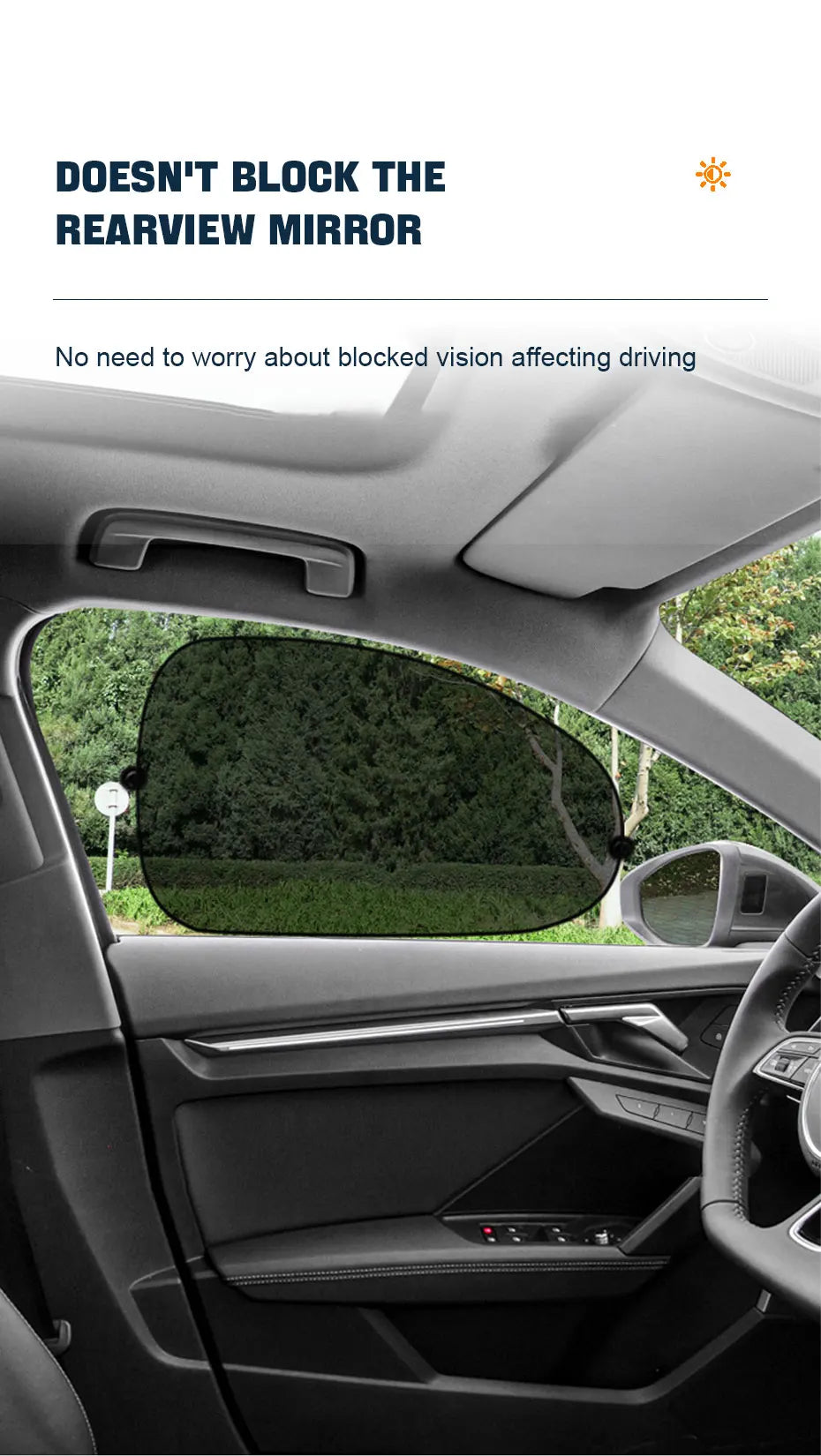 A car interior view showing a side window with a sunshade installed, demonstrating its effectiveness for driving.