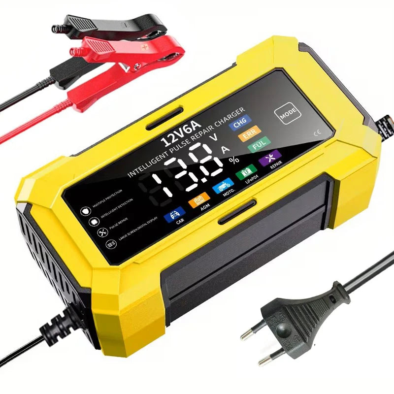 A yellow intelligent pulse repair battery charger with a red cable and a black probe shown on a white background.