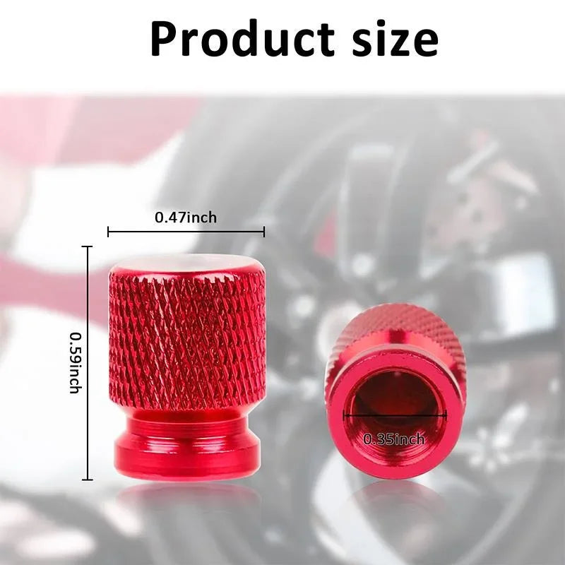 A close-up view of a red aluminum car wheel valve cap with a 0.47 inch diameter and 0.59 inch length.