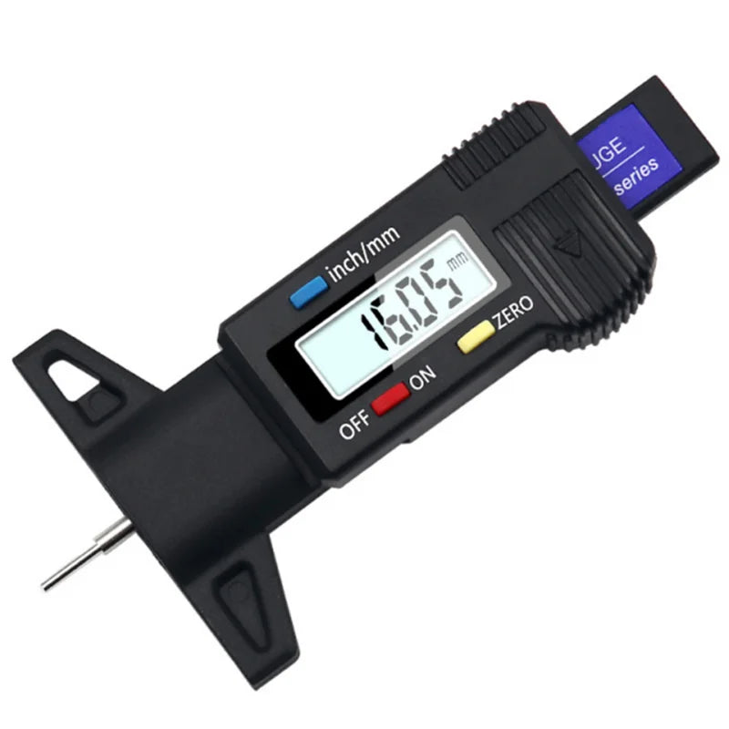 A black digital tyre depth gauge with an LCD display showing 16.05 mm and an ON/OFF switch.