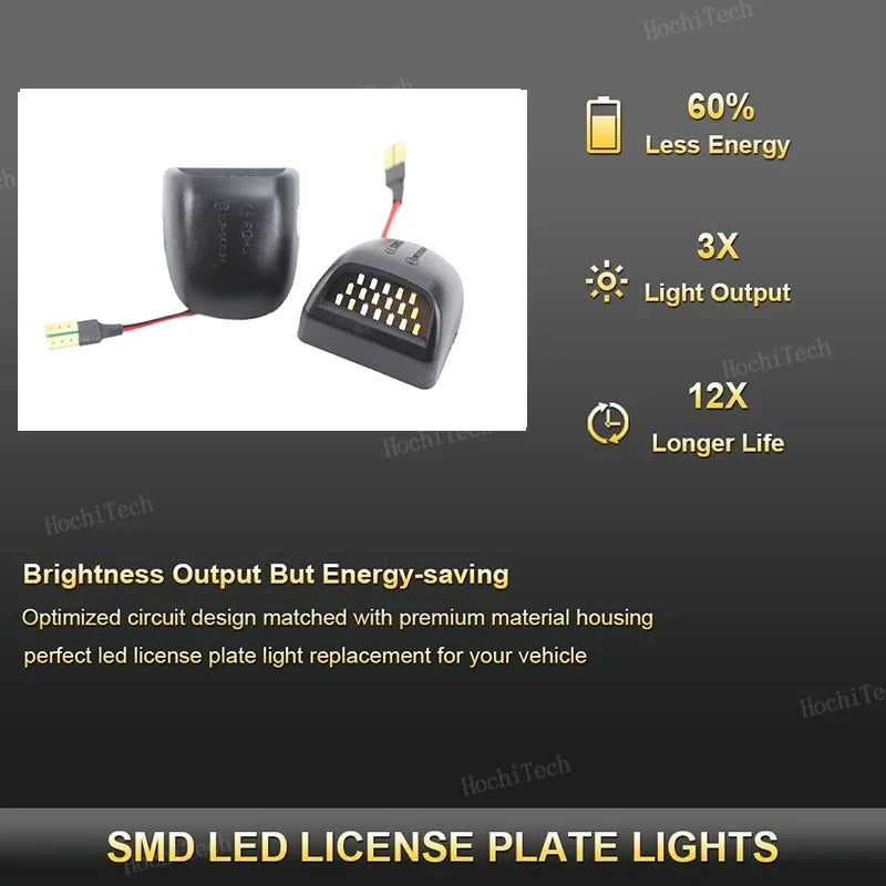 Una luz de matrícula SMD LED negra mostrada junto a su empaque y beneficios listados.
