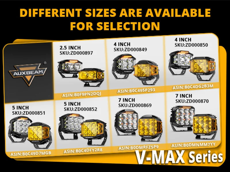 Various sizes of AUXBEAM V-MAX Series LED driving lights are displayed for selection.