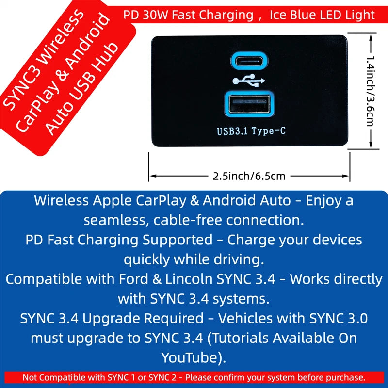 Black PD fast charging USB 3.1 Type-C hub for wireless Apple CarPlay and Android Auto systems