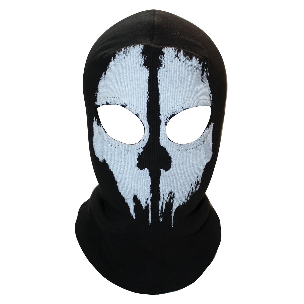 Mascarilla balaclava negra completa con un diseño tribal o estilizado blanco en la cara