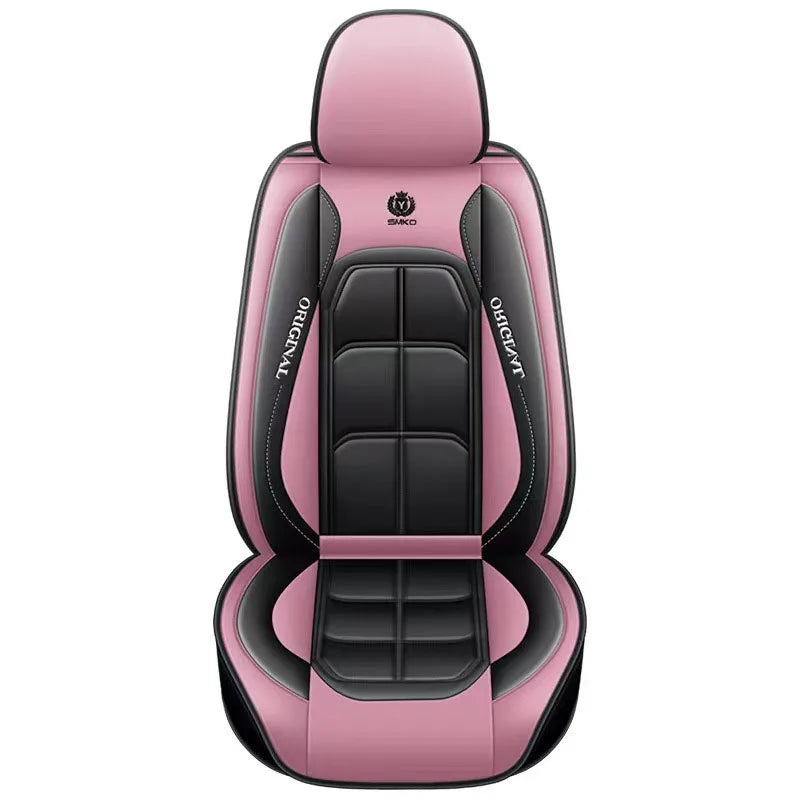 A pink and black universal leather car seat cover with stitching details.