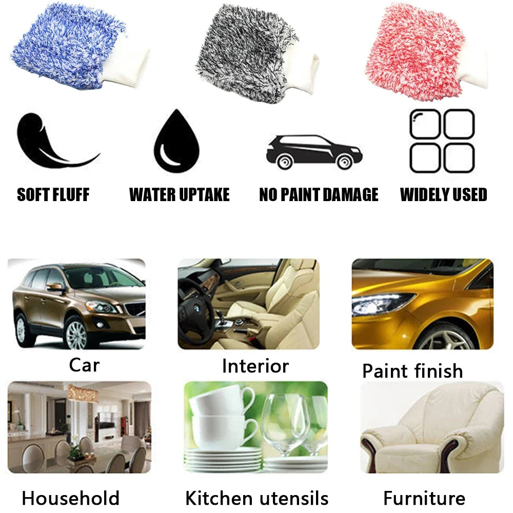 Microfiber wheel detailer cleaning glove shown with various uses including car, interior, household, kitchen utensils, and fu