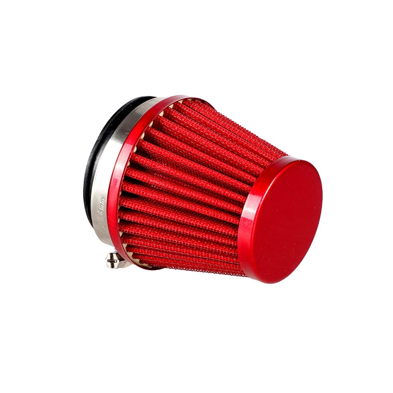 Kit d'induction de filtre à air universel moto rouge et argent avec design cylindrique côtelé.
