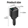 A black high-power car charger with multiple output ports and a detachable cable, shown with dimensions.