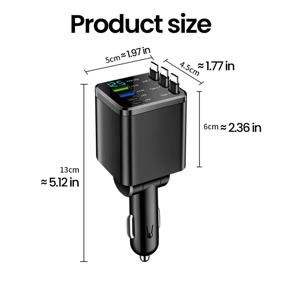 A black high-power car charger with multiple output ports and a detachable cable, shown with dimensions.