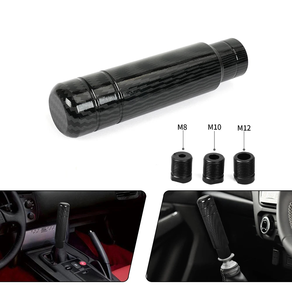 Black JDM style aluminum gear shift knob shown in various sizes M8, M10, and M12 with close-up installation views.