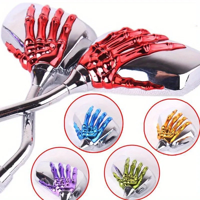 A set of universal motorcycle rear view mirrors in various colors including red, silver, blue, and green.