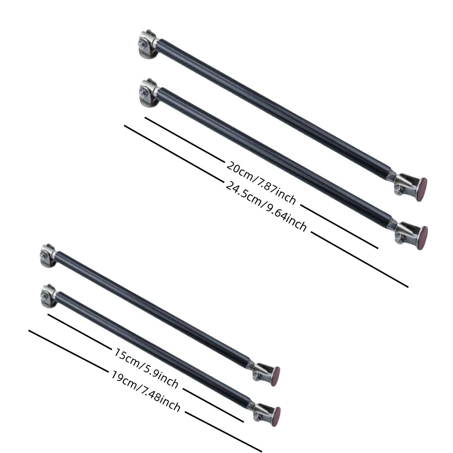 Set of adjustable metal front lip support rods in black and rose gold finish with various lengths
