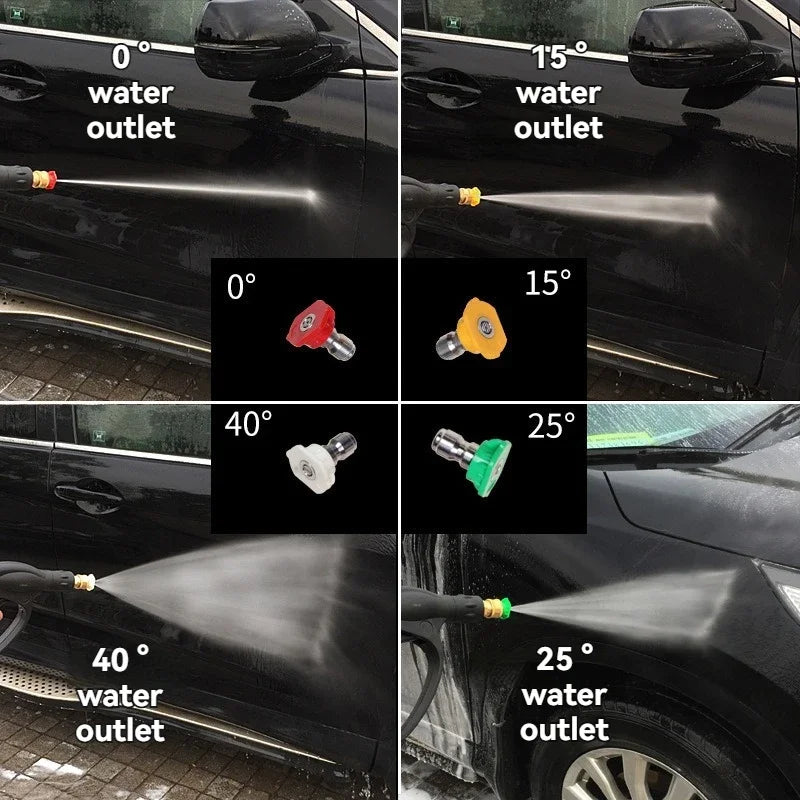 Demonstration of a foam pressure washer kit cleaning a car's water outlet at various angles and pressures.