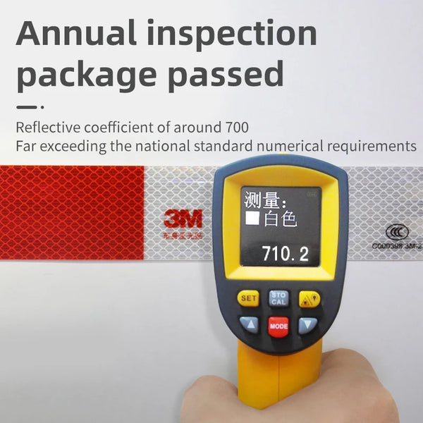 A hand holds a yellow light meter displaying a reflective coefficient of 710.2 on a wall panel.