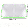 A white car windshield sun shade with green trim, measuring 145cm by 80cm.