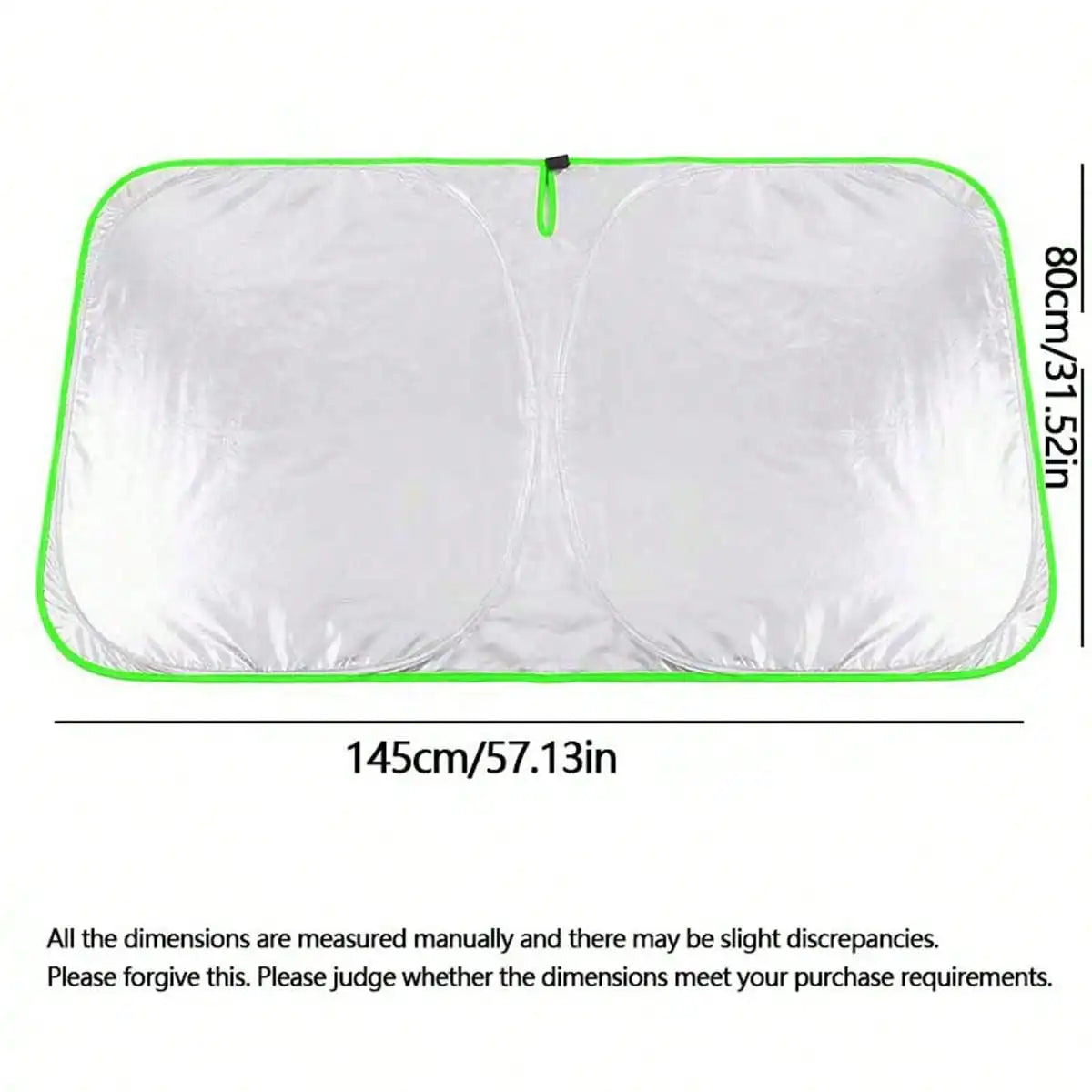 A white car windshield sun shade with green trim, measuring 145cm by 80cm.