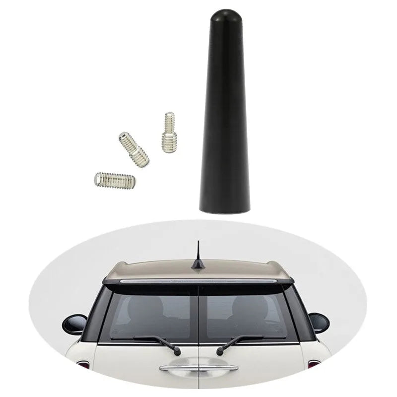 A black universal car radio antenna mount with a threaded top and base shown above a white car.