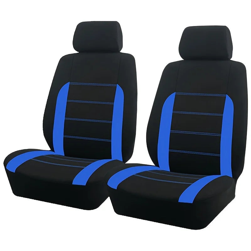 Ein Set schwarze Autositzbezüge mit blauen Akzenten in Seitenansicht.
