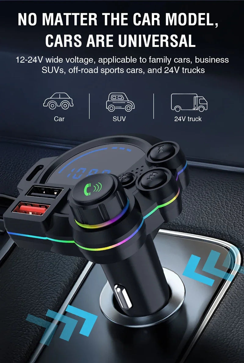 A black multi-function car charger with a rotating light and multiple ports is shown mounted in a vehicle interior.