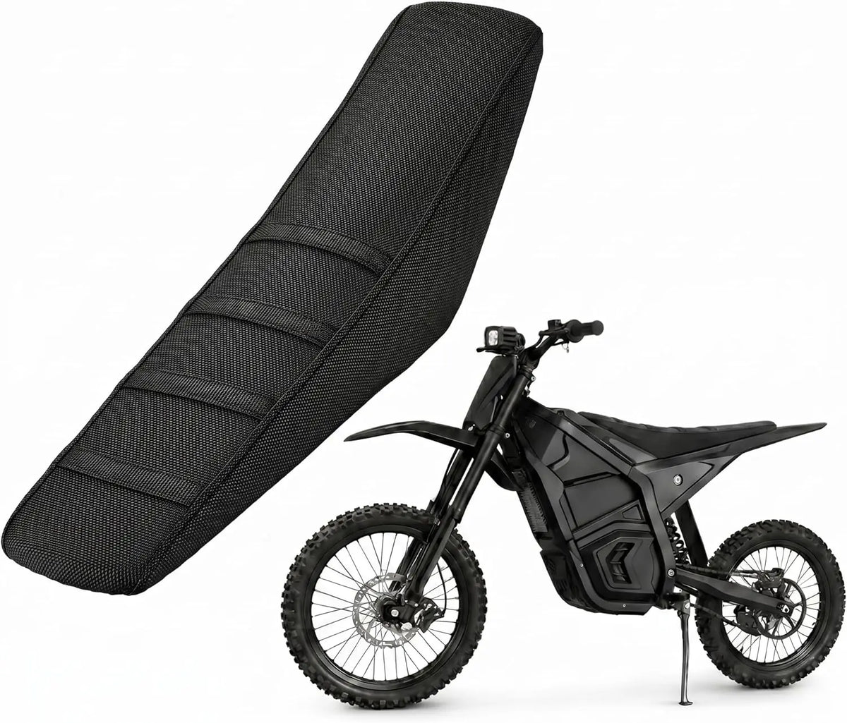 Black waterproof non-slip seat cover for an e-bike is shown next to the bike.