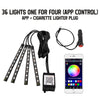 A kit of 36 lights with a plug and an app control device for car ambient lighting.