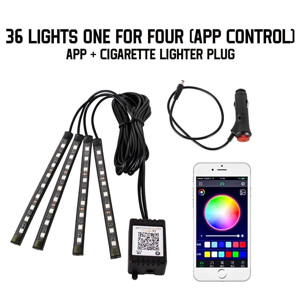 A kit of 36 lights with a plug and an app control device for car ambient lighting.