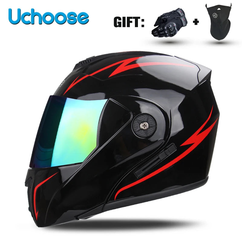 Black Uchoose DOT certified double lens flip-up motorcycle helmet with red accents and a gift
