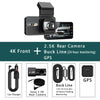 A 4K dual lens dash cam featuring a front camera, rear camera, buck line, and GPS module.