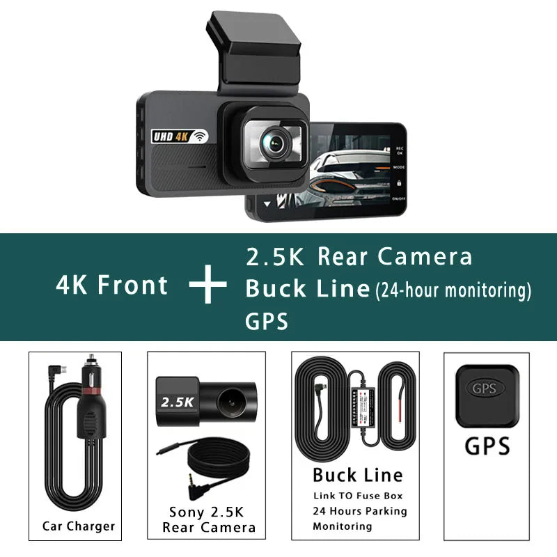 A 4K dual lens dash cam featuring a front camera, rear camera, buck line, and GPS module.