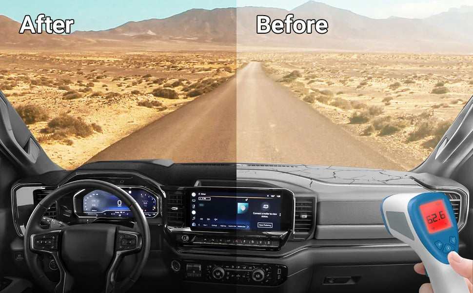 A dashboard view showing a universal dash cover installed in a truck interior with a temperature gauge.