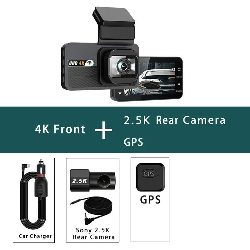A black dash cam featuring a 4K front camera and a 2.5K rear camera with GPS functionality.
