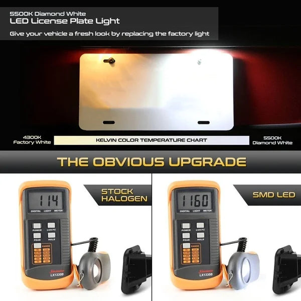 Comparaison d'une lumière d'usine remplacée par un ensemble de feu de plaque d'immatriculation LED pour camions.