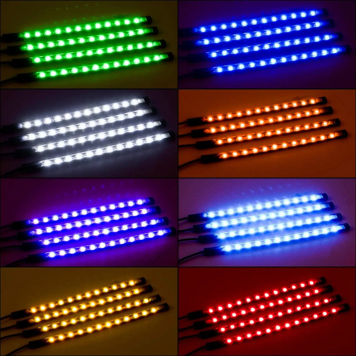 Grille montrant diverses lumières de voiture sans fil multicolores en vert, bleu, blanc, violet, orange et rouge.