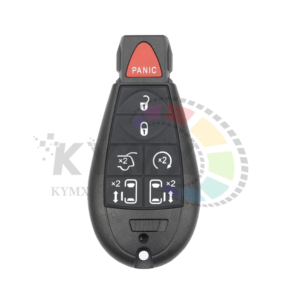 A black smart remote car key fob with a panic button and various key icons.