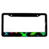 Black aluminum license plate frame with a colorful, abstract design border.