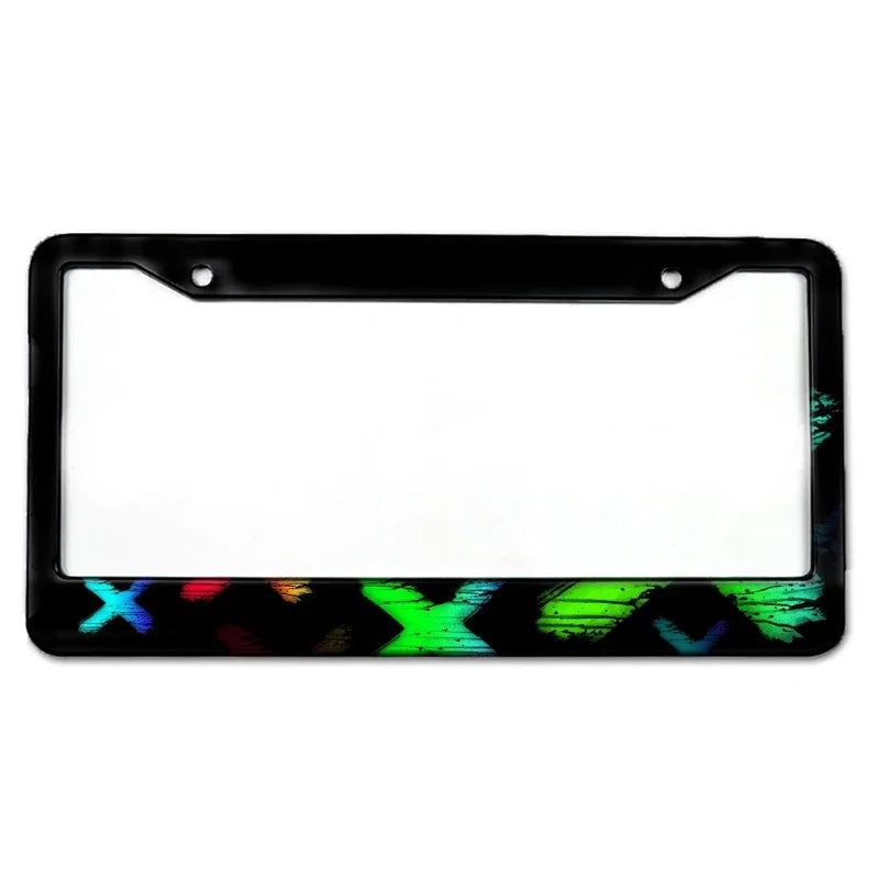 Black aluminum license plate frame with a colorful, abstract design border.