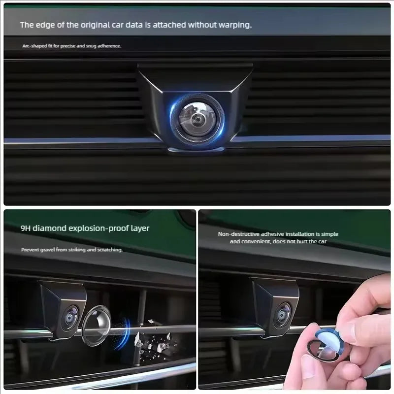 A close-up view of a car camera lens protector being installed on a car grille, showing the non-destructive adhesive layer.