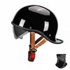 Schwarzer Vintage-Motorradhelm mit braunem Riemen und rotem Visier