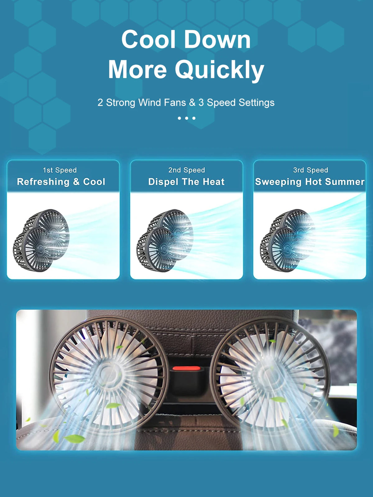 Close-up view of a car cooling fan with multiple blades and blue light, demonstrating different speed settings.