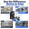 Before and after comparison showing restoration of foggy yellow car headlights.