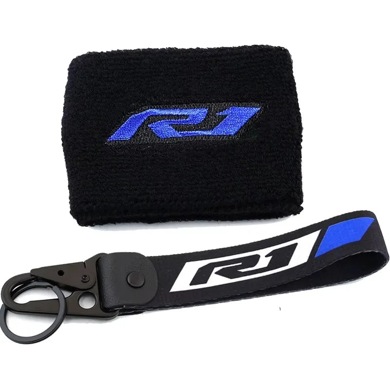 Housse en néoprène noire pour réservoir de liquide de frein de moto avec logo R1 et cordon de clés enfilage noir