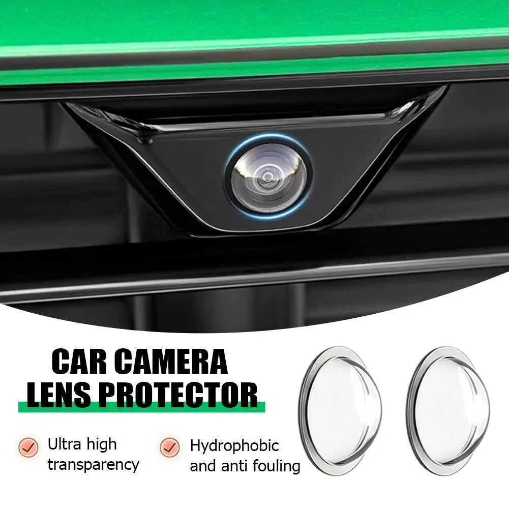 A close-up view of a black car camera lens protector installed on a vehicle, highlighting its high transparency and hydrophob