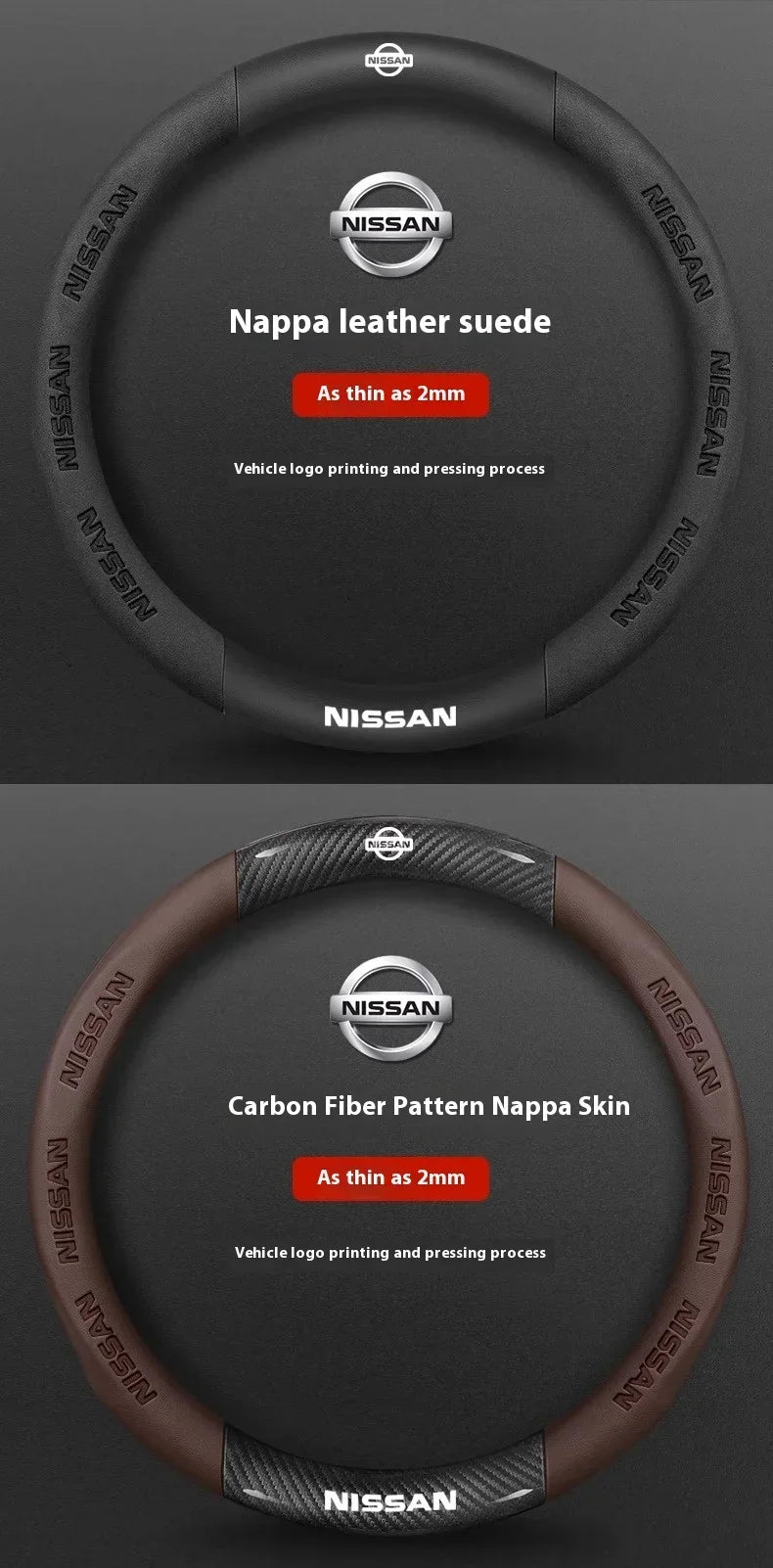 A black steering wheel cover made of Nappa leather suede and a carbon fiber pattern skin for a Nissan vehicle.